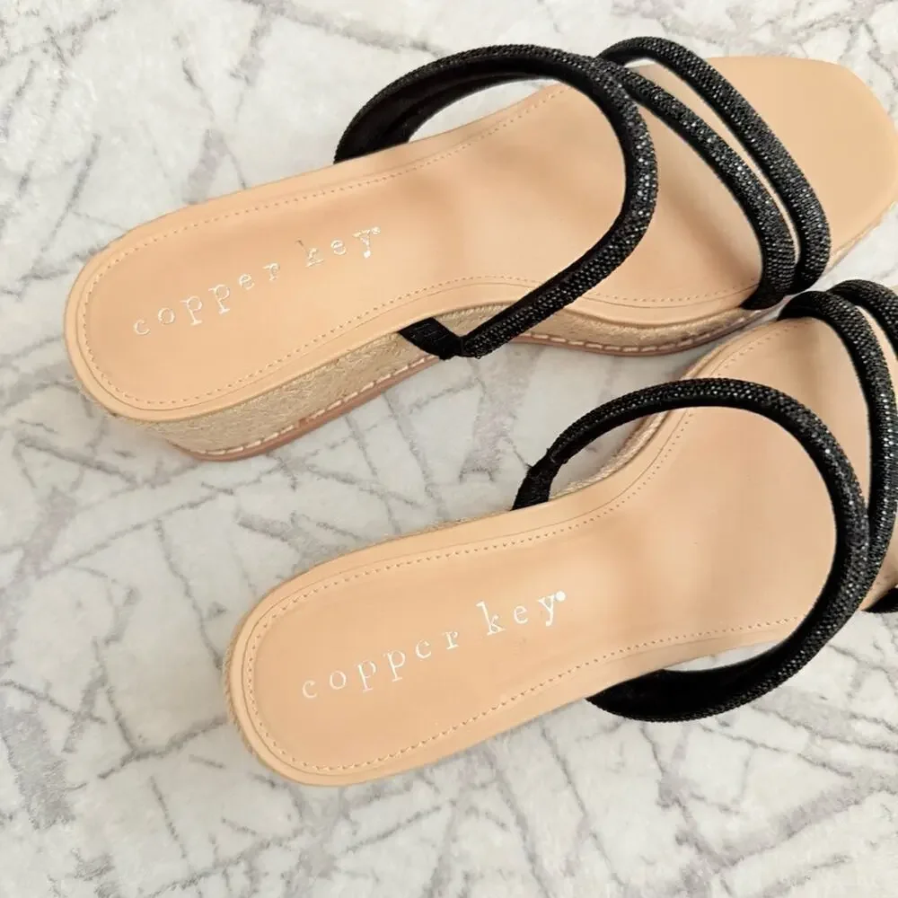 Black Espadrille Platform Wedge Sandals Rhinestone Strappy Slides 8.5 NWOB